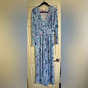 Lilly Pulitzer Nichola Pink and Blue Patterned Maxi Dress EUC